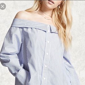 Striped off the shoulder button up
